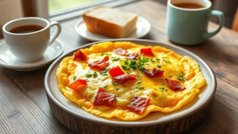 Fluffy bacon, bell pepper, and vegan cheese omelette served on a rustic breakfast table.