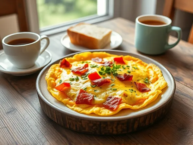 Fluffy bacon, bell pepper, and vegan cheese omelette served on a rustic breakfast table.