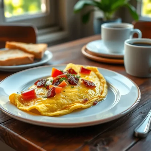 Fluffy beef, bell pepper, and vegan cheese omelette served on a rustic breakfast table