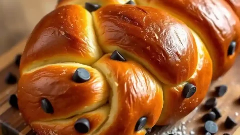 Freshly baked braided chocolate chip brioche with a golden crust and melted chocolate chips on a wooden board.