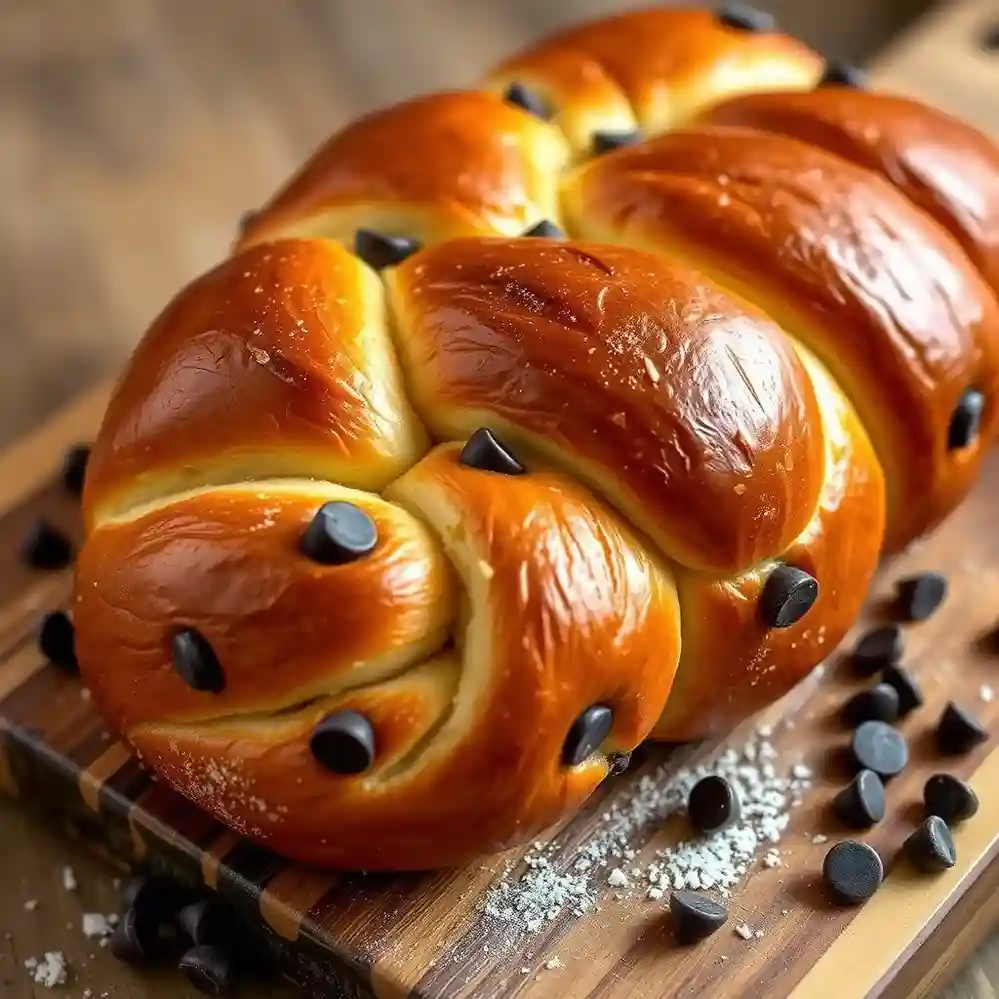 Freshly baked braided chocolate chip brioche with a golden crust and melted chocolate chips on a wooden board.