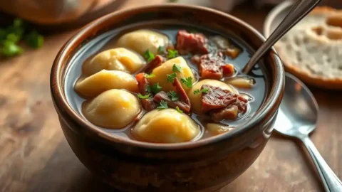 A bowl of Chipped Beef Flour Dumplings Potatoes with tender dumplings, creamy broth, and chipped beef, garnished with fresh parsley.