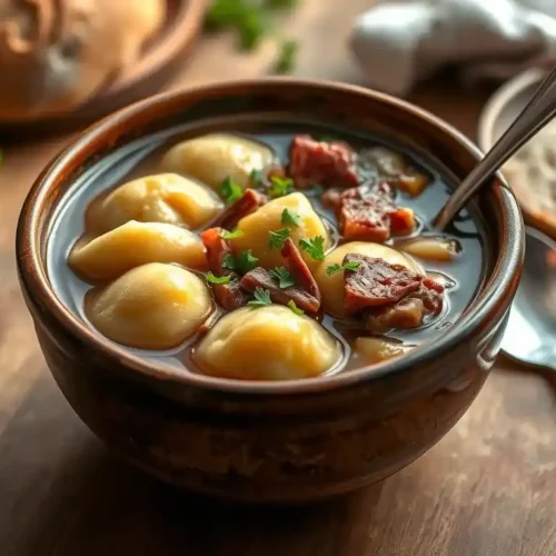 A bowl of Chipped Beef Flour Dumplings Potatoes with tender dumplings, creamy broth, and chipped beef, garnished with fresh parsley.