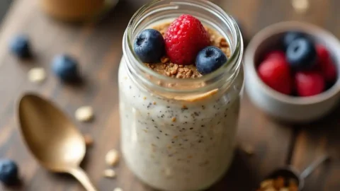 A jar of high-protein overnight oats topped with fresh berries, chia seeds, and almond butter on a rustic wooden table.