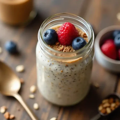 A jar of high-protein overnight oats topped with fresh berries, chia seeds, and almond butter on a rustic wooden table.