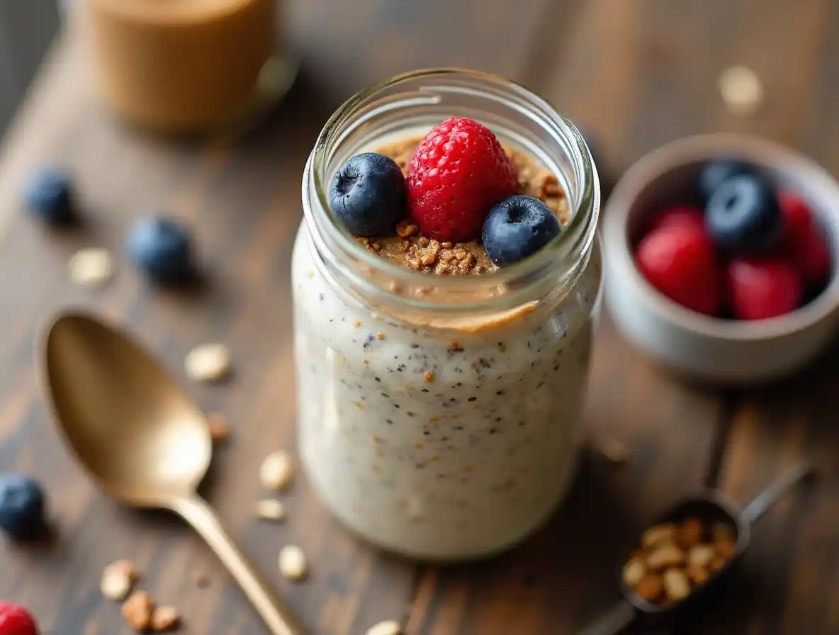 A jar of high-protein overnight oats topped with fresh berries, chia seeds, and almond butter on a rustic wooden table.