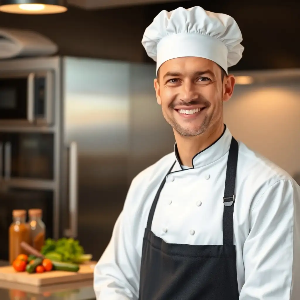 Smiling male chef wearing a white uniform and chef’s hat in a modern kitchen.