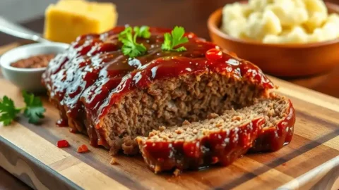 Sliced Creole-style meatloaf with a rich glaze, served with mashed potatoes and cornbread on a rustic wooden board.