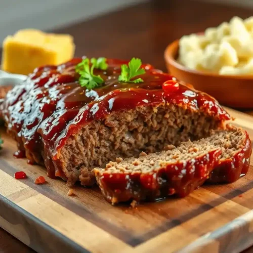 Sliced Creole-style meatloaf with a rich glaze, served with mashed potatoes and cornbread on a rustic wooden board.