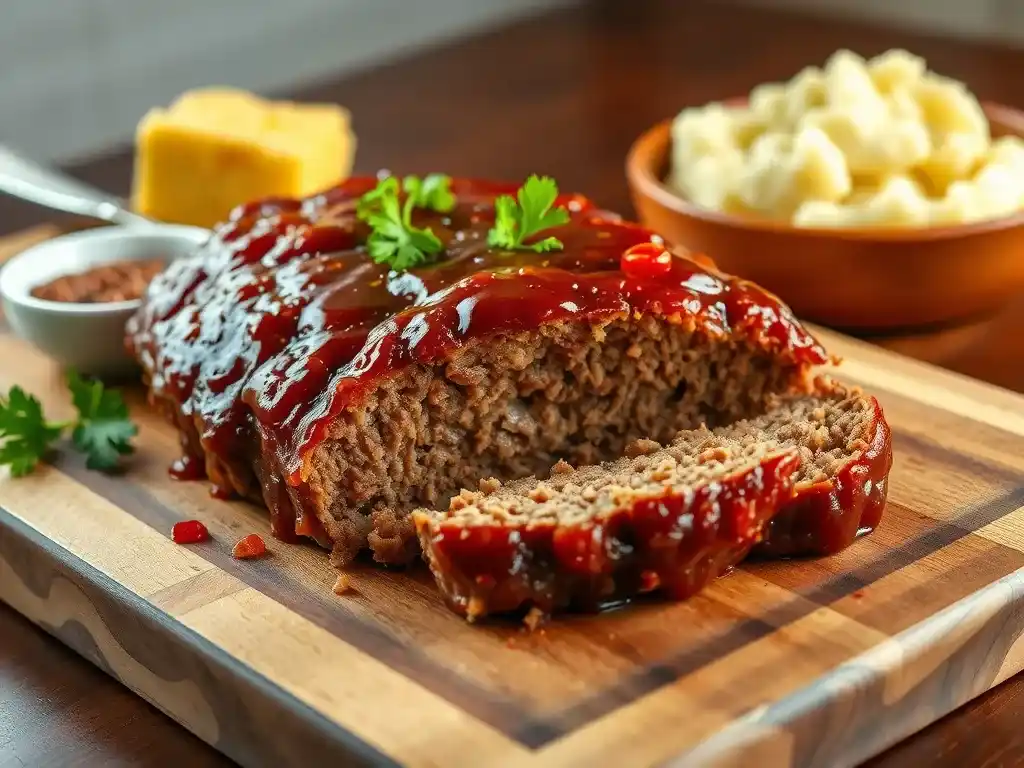 Sliced Creole-style meatloaf with a rich glaze, served with mashed potatoes and cornbread on a rustic wooden board.