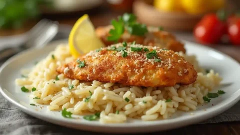 Crispy Parmesan-crusted chicken breast served over creamy garlic-infused rice, garnished with fresh parsley and a lemon wedge.