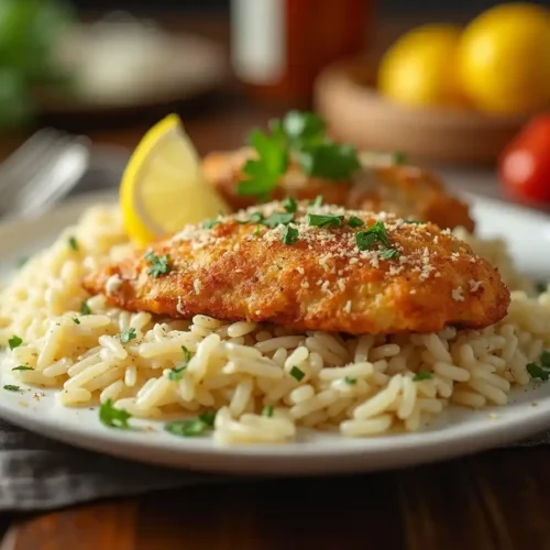 Crispy Parmesan-crusted chicken breast served over creamy garlic-infused rice, garnished with fresh parsley and a lemon wedge.