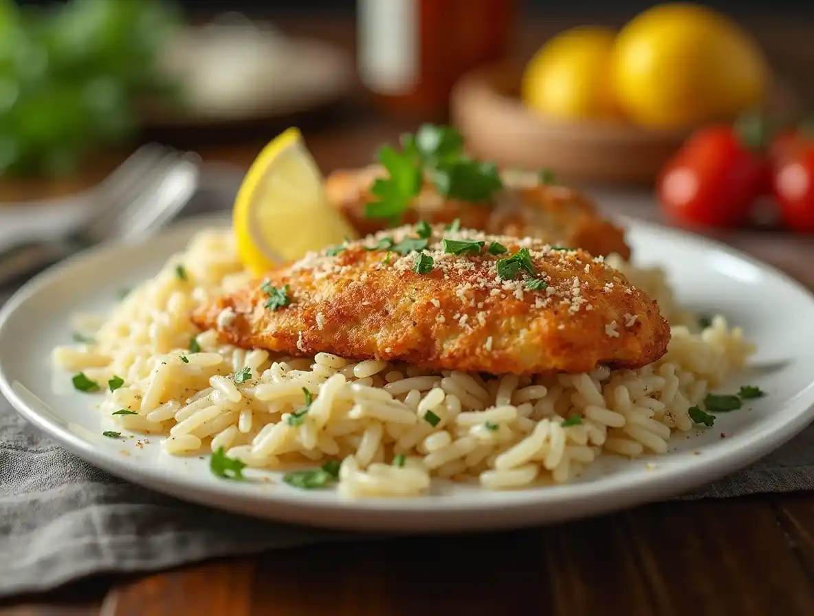 Crispy Parmesan-crusted chicken breast served over creamy garlic-infused rice, garnished with fresh parsley and a lemon wedge.