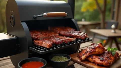 A pellet smoker grill on a rustic patio, smoking ribs, brisket, and chicken, with a wooden board of sliced smoked meat and BBQ sauce nearby.