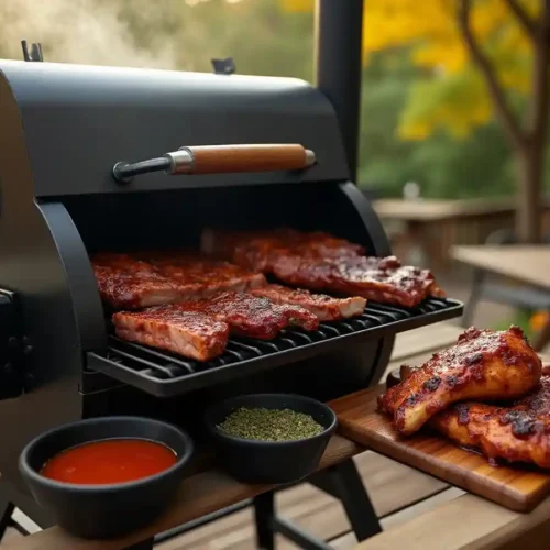 A pellet smoker grill on a rustic patio, smoking ribs, brisket, and chicken, with a wooden board of sliced smoked meat and BBQ sauce nearby.