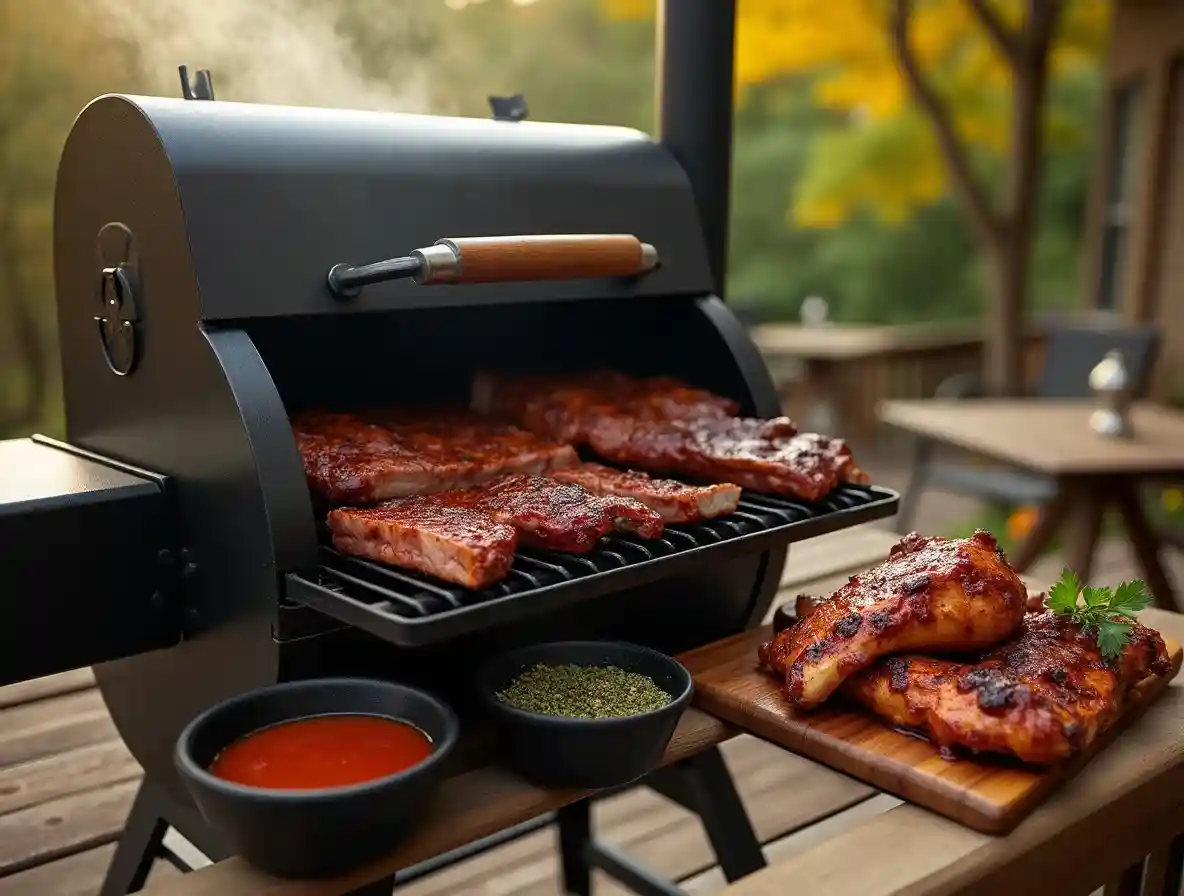 A pellet smoker grill on a rustic patio, smoking ribs, brisket, and chicken, with a wooden board of sliced smoked meat and BBQ sauce nearby.