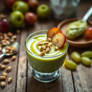 Silky pistachio pudding with grapes in a glass cup, topped with toasted pistachios and honey drizzle, served on a rustic wooden table."