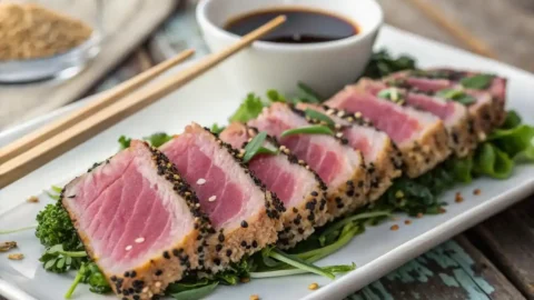 Seared ahi tuna slices with a pink center, garnished with sesame seeds and served with soy sauce on a rustic wooden table.