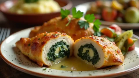 A golden-brown baked stuffed chicken breast sliced open, revealing a cheesy spinach filling, served with roasted vegetables and mashed potatoes.