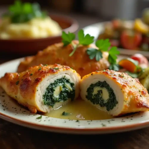 A golden-brown baked stuffed chicken breast sliced open, revealing a cheesy spinach filling, served with roasted vegetables and mashed potatoes.