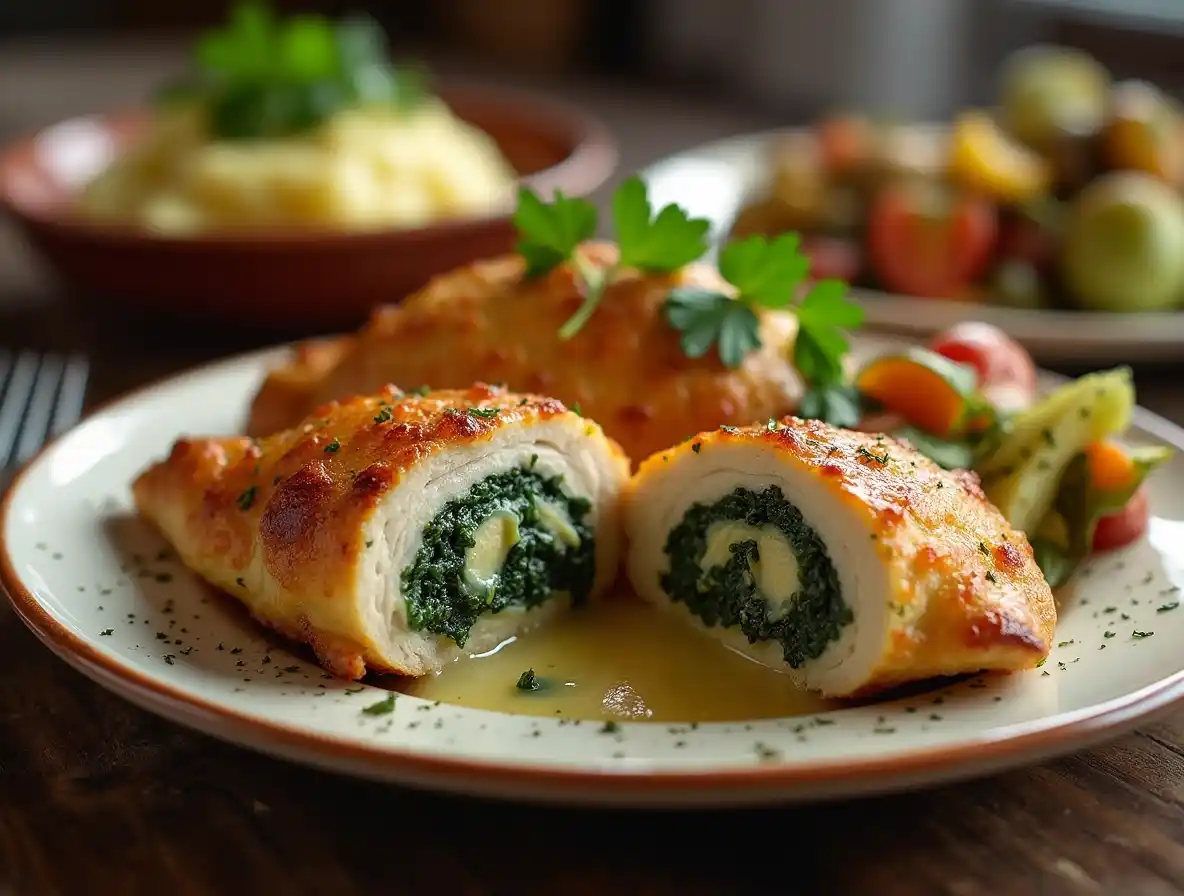 A golden-brown baked stuffed chicken breast sliced open, revealing a cheesy spinach filling, served with roasted vegetables and mashed potatoes.