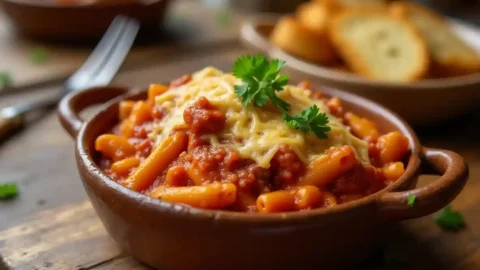 A bowl of homemade beefaroni with melted cheese and fresh parsley, served with garlic bread on a rustic wooden table.