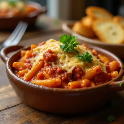 A bowl of homemade beefaroni with melted cheese and fresh parsley, served with garlic bread on a rustic wooden table.