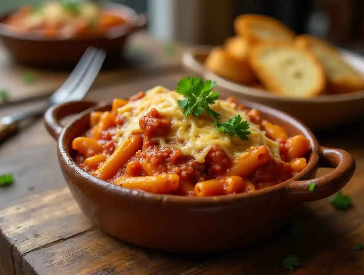 A bowl of homemade beefaroni with melted cheese and fresh parsley, served with garlic bread on a rustic wooden table.