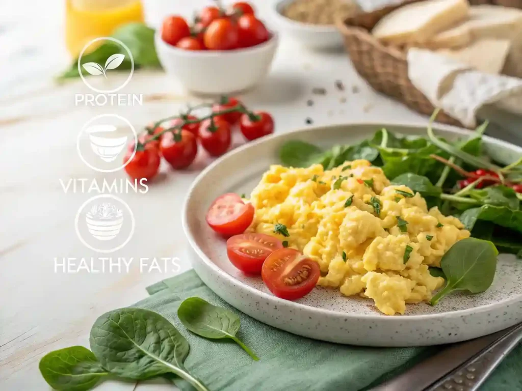 A healthy plate of scrambled eggs with fresh vegetables, showcasing key nutrition facts.