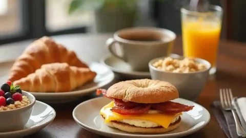 A delicious breakfast spread featuring a breakfast sandwich, oatmeal with fruit, a croissant, and coffee, inspired by the Bread Co breakfast menu.