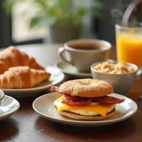 A delicious breakfast spread featuring a breakfast sandwich, oatmeal with fruit, a croissant, and coffee, inspired by the Bread Co breakfast menu.