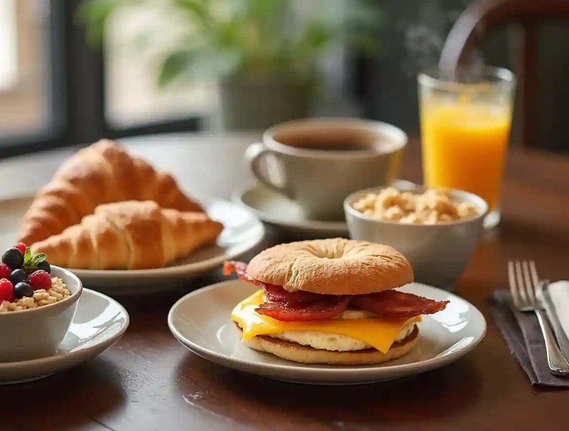 A delicious breakfast spread featuring a breakfast sandwich, oatmeal with fruit, a croissant, and coffee, inspired by the Bread Co breakfast menu.