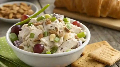 A creamy chicken salad with cream cheese, garnished with grapes, nuts, and green onions, served in a white bowl with a croissant and crackers on a rustic table.