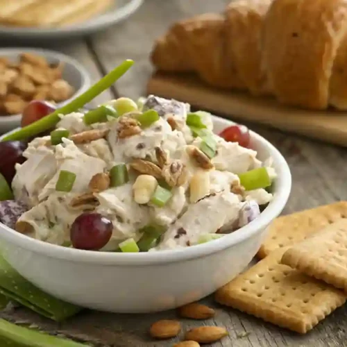 A creamy chicken salad with cream cheese, garnished with grapes, nuts, and green onions, served in a white bowl with a croissant and crackers on a rustic table.