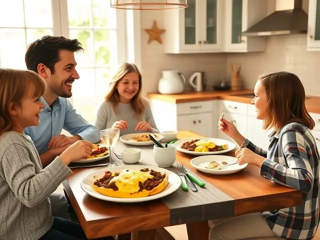 A family happily enjoying a homemade bacon, bell pepper, and vegan cheese omelette for breakfast.