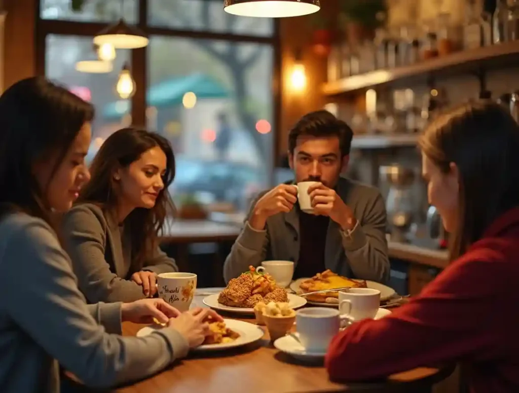 A cozy café setting with customers enjoying the Bread Co breakfast menu, featuring fresh coffee, sandwiches, and pastries.