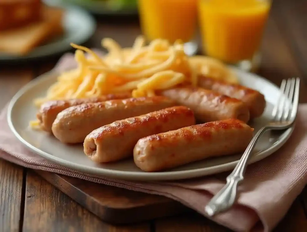 Perfectly baked Jimmy Dean breakfast sausage served on a plate, ready to enjoy with a fork and napkin on a rustic breakfast table.