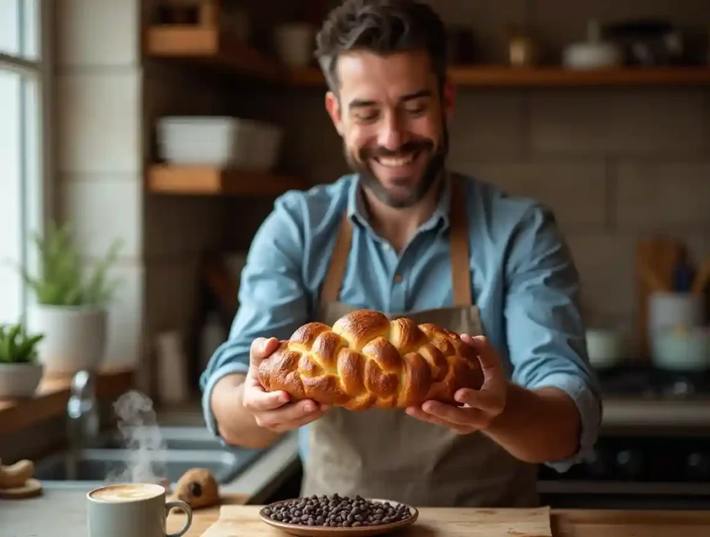 Smiling baker holding a freshly baked braided chocolate chip brioche with a golden crust in a cozy, well-lit kitchen