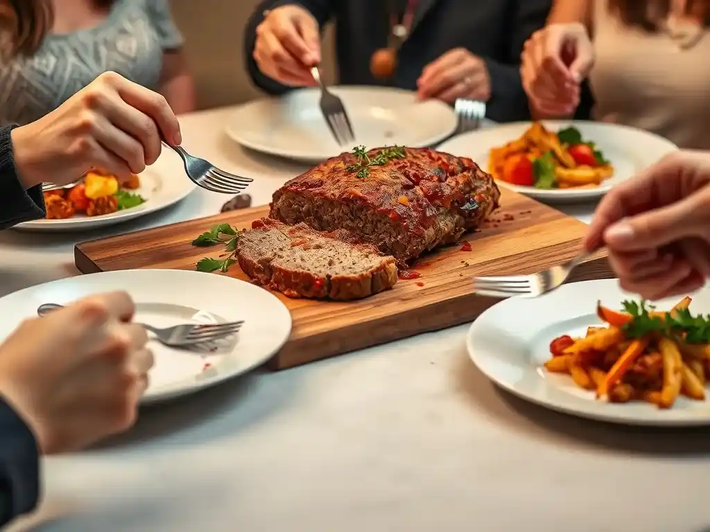 A family-style serving of Creole meatloaf with plates ready to be enjoyed around a rustic wooden table.