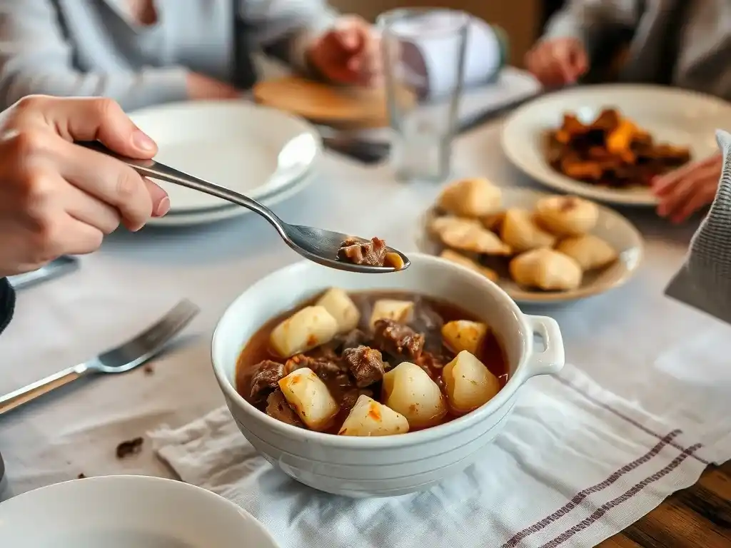 A warm, homey dining scene featuring Chipped Beef Flour Dumplings Potatoes, ready to be enjoyed at a family table.