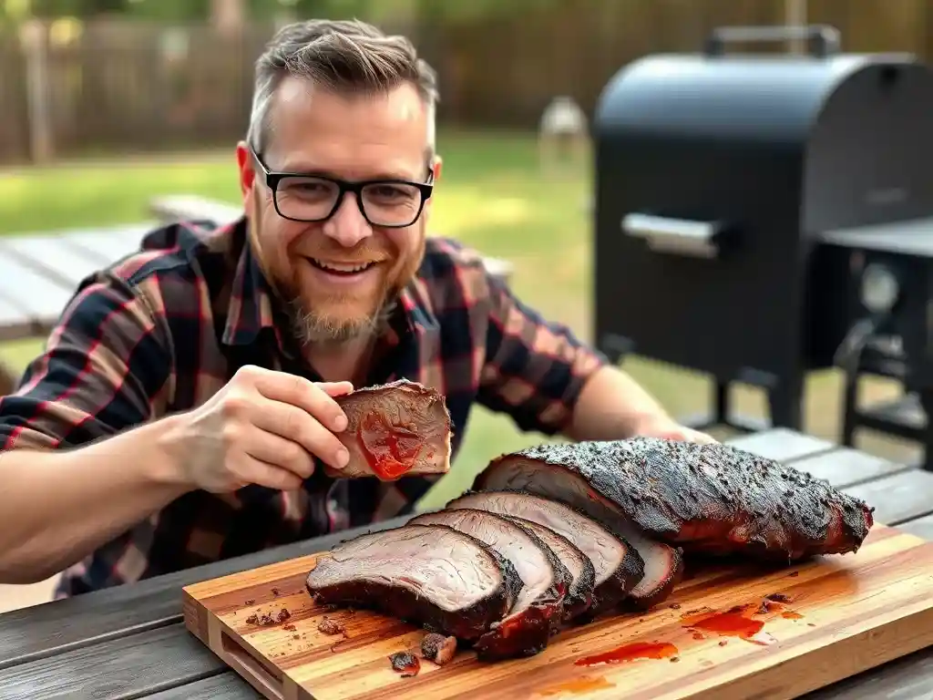 A happy BBQ enthusiast enjoying a bite of perfectly smoked brisket, with a pellet smoker in the background.