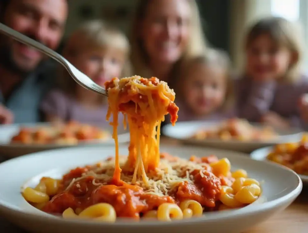 A fork lifting a cheesy bite of beefaroni, with a blurred background of a happy family enjoying dinner.