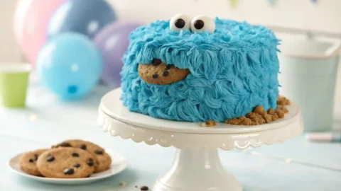 A Cookie Monster Cake with blue buttercream frosting, large candy eyes, and a cookie mouth on a white cake stand, surrounded by party decorations.