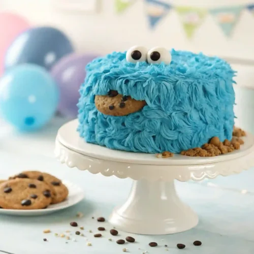 A Cookie Monster Cake with blue buttercream frosting, large candy eyes, and a cookie mouth on a white cake stand, surrounded by party decorations.