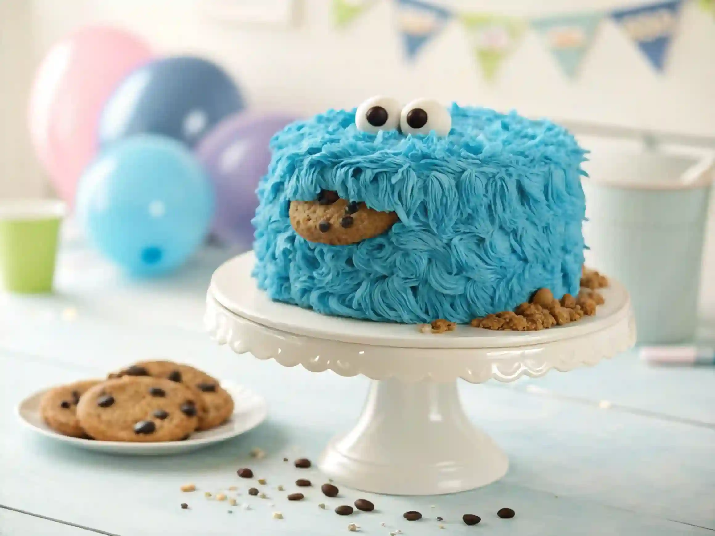 A Cookie Monster Cake with blue buttercream frosting, large candy eyes, and a cookie mouth on a white cake stand, surrounded by party decorations.