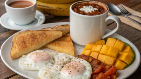 Authentic Cuban breakfast with café Cubano, tostada Cubana, huevos a la Habanera, and sweet plantains on a rustic wooden table.