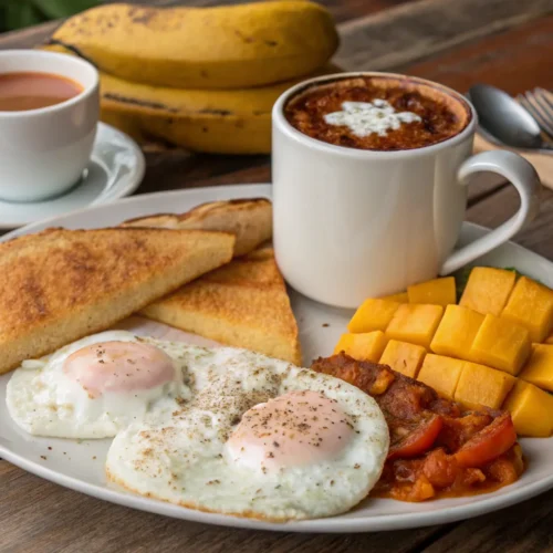 Authentic Cuban breakfast with café Cubano, tostada Cubana, huevos a la Habanera, and sweet plantains on a rustic wooden table.