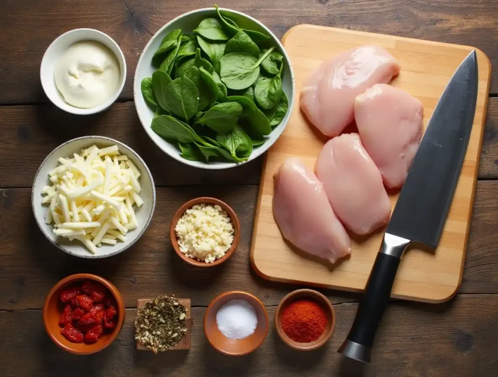 Fresh ingredients for baked stuffed chicken breast, including raw chicken, cheese, spinach, garlic, and seasonings.