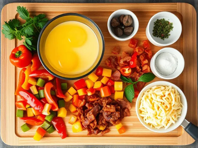 All ingredients for a bacon, bell pepper, and vegan cheese omelette displayed on a rustic kitchen counter.