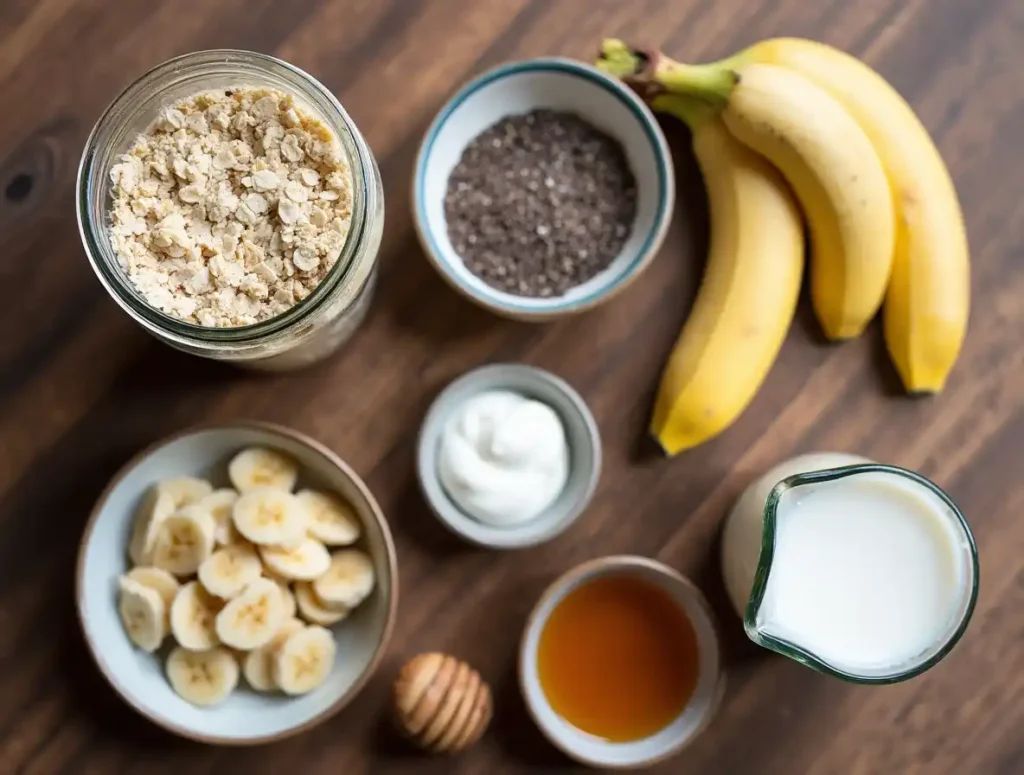 A flat lay of fresh ingredients for high-protein overnight oats, including oats, protein powder, yogurt, chia seeds, and honey.